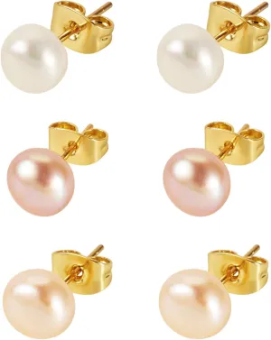 Beadthoven Natural Cultured Freshwater Pearl Stud Earrings 18K Golden 925 Sterling Silver Ear Studs Hypoallergenic Small Genuine Half Round Pearl Earrings with Butterfly Earring Backs for Women
