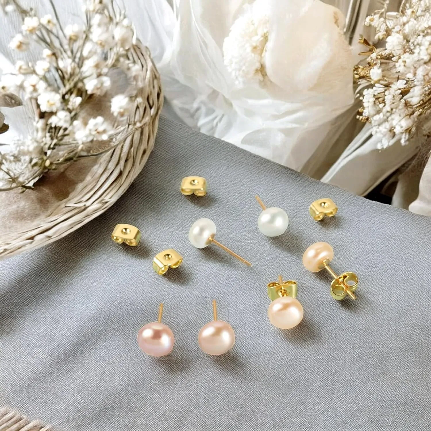 Beadthoven Natural Cultured Freshwater Pearl Stud Earrings 18K Golden 925 Sterling Silver Ear Studs Hypoallergenic Small Genuine Half Round Pearl Earrings with Butterfly Earring Backs for Women