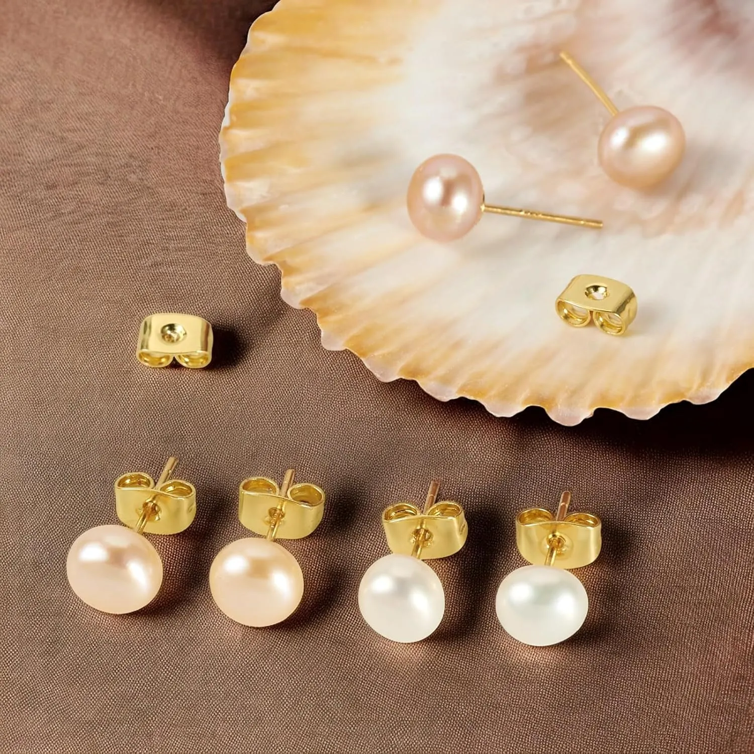 Beadthoven Natural Cultured Freshwater Pearl Stud Earrings 18K Golden 925 Sterling Silver Ear Studs Hypoallergenic Small Genuine Half Round Pearl Earrings with Butterfly Earring Backs for Women