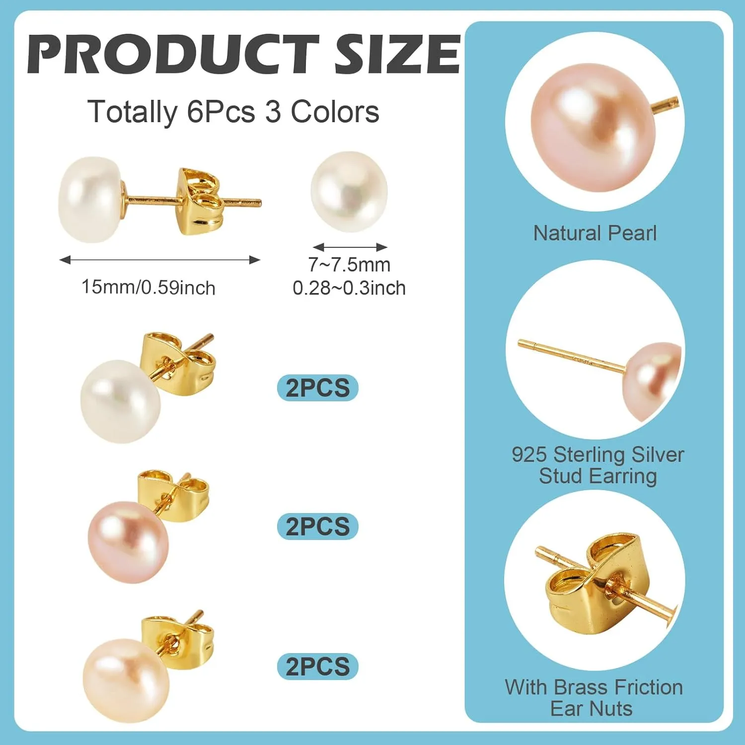 Beadthoven Natural Cultured Freshwater Pearl Stud Earrings 18K Golden 925 Sterling Silver Ear Studs Hypoallergenic Small Genuine Half Round Pearl Earrings with Butterfly Earring Backs for Women