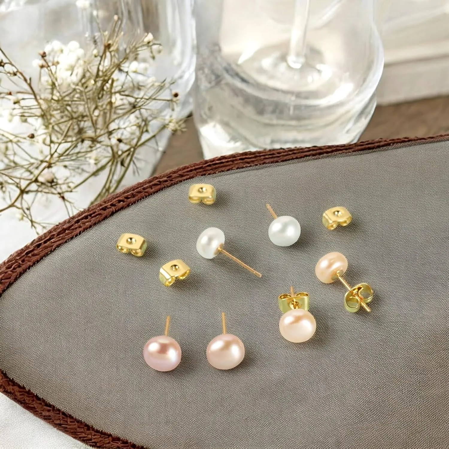 Beadthoven Natural Cultured Freshwater Pearl Stud Earrings 18K Golden 925 Sterling Silver Ear Studs Hypoallergenic Small Genuine Half Round Pearl Earrings with Butterfly Earring Backs for Women