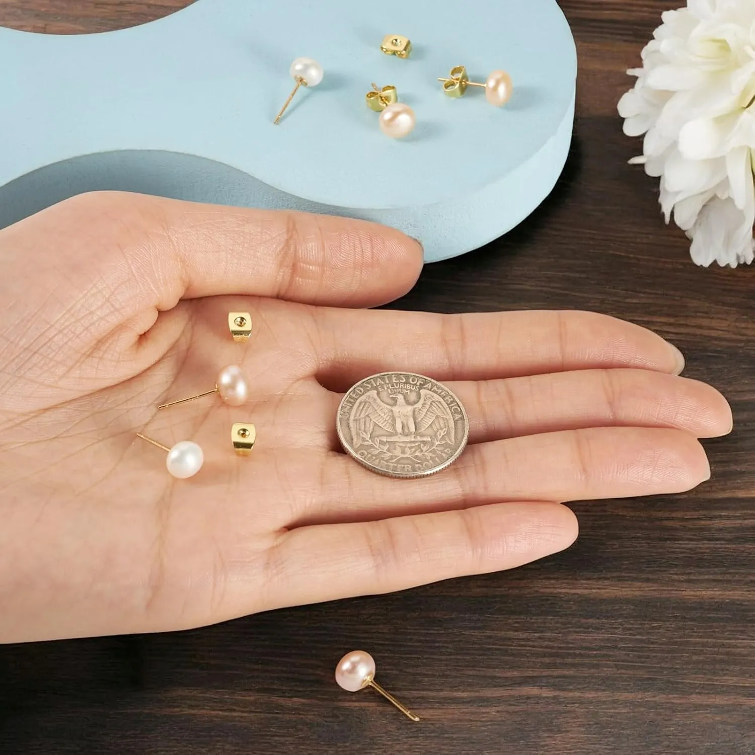 Beadthoven Natural Cultured Freshwater Pearl Stud Earrings 18K Golden 925 Sterling Silver Ear Studs Hypoallergenic Small Genuine Half Round Pearl Earrings with Butterfly Earring Backs for Women