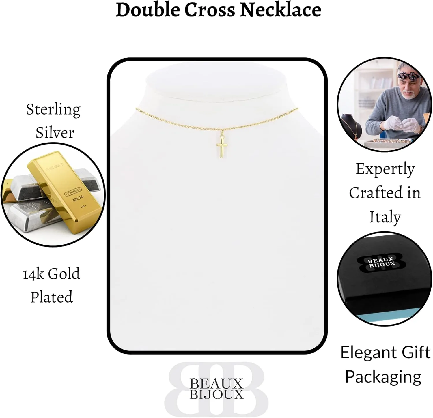 Beaux Bijoux Choker Cross Necklace for Women Sterling Silver 14k Gold Plated | Dainty Small Silver or Gold Cross Choker Pendant Necklace