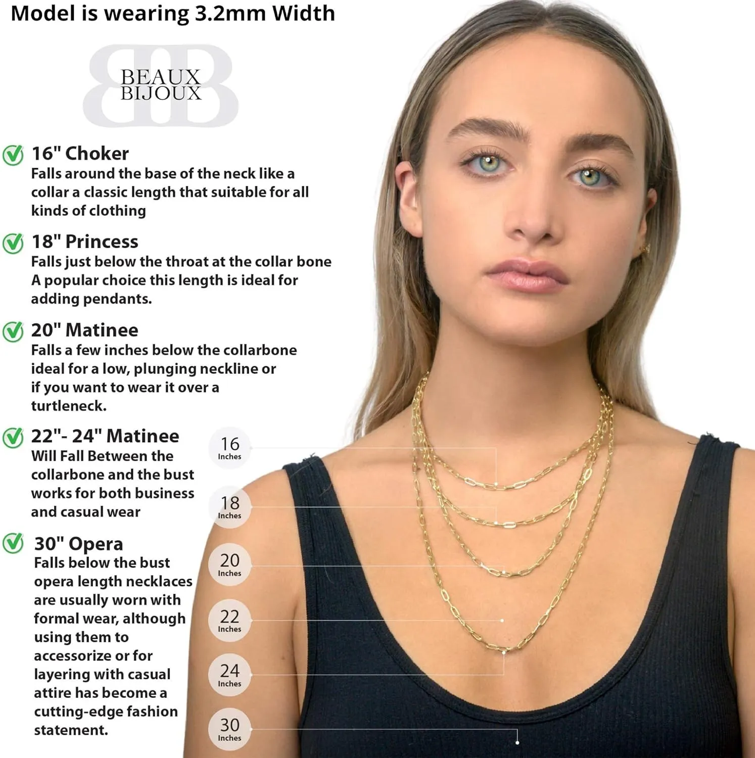 Beaux Bijoux Paperclip Chain Necklaces for Women | Sterling Silver 14k Gold Plated | Women's Trendy Layering Necklaces | Choose Width and Length | Fine Chain Necklaces Crafted in Italy
