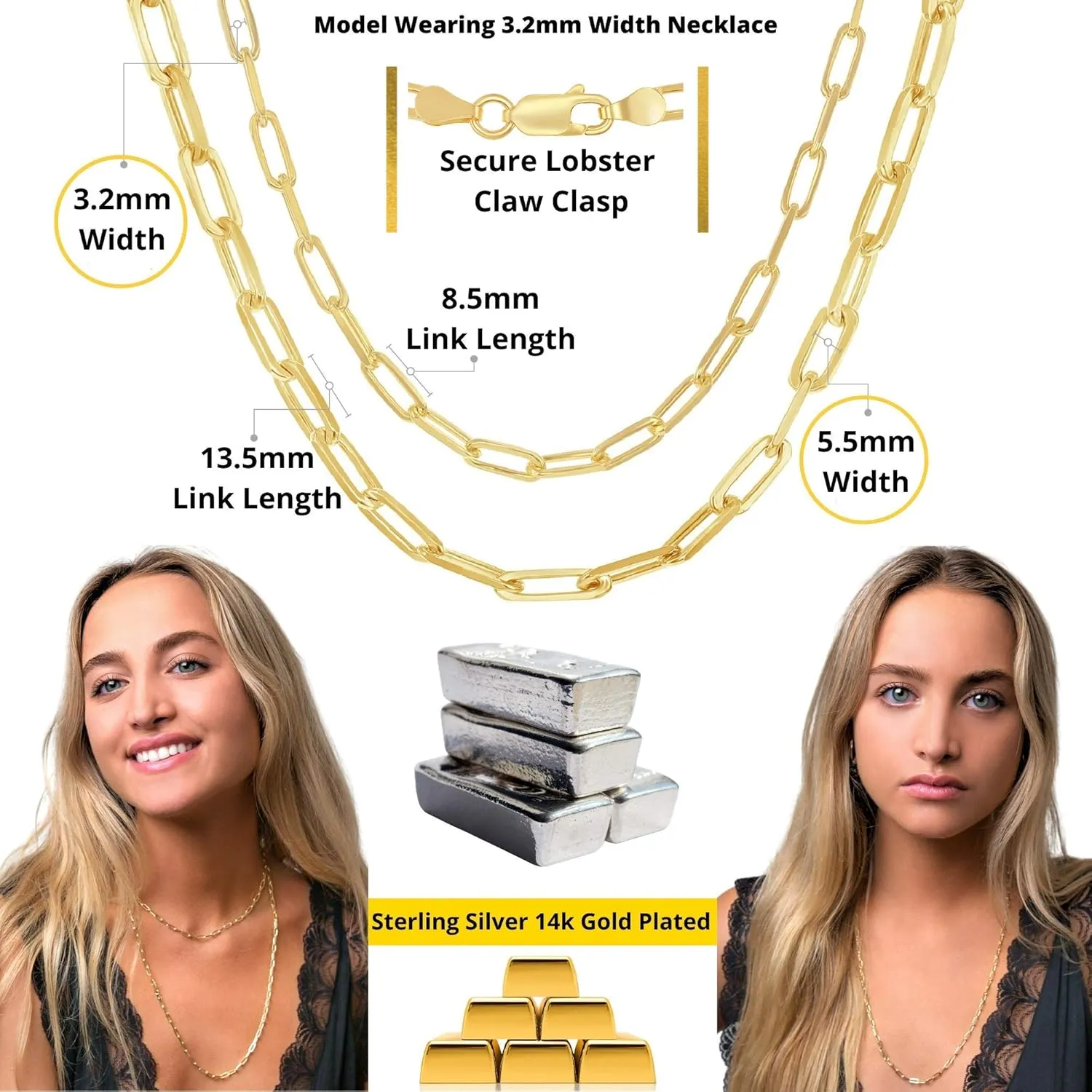 Beaux Bijoux Paperclip Chain Necklaces for Women | Sterling Silver 14k Gold Plated | Women's Trendy Layering Necklaces | Choose Width and Length | Fine Chain Necklaces Crafted in Italy