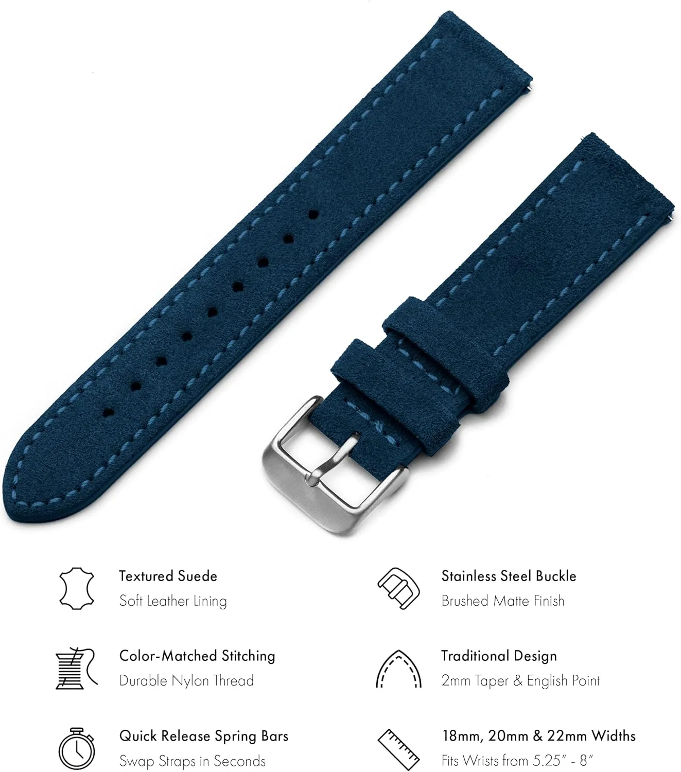 Benchmark Suede Watch Strap - Rustic Suede Leather Watch Band with Quick Release Spring Bars - Choice of Color & Width - 18mm, 20mm or 22mm