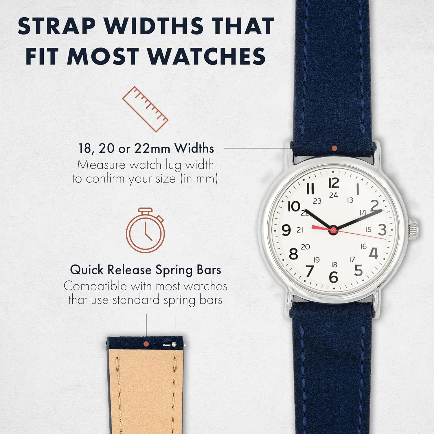 Benchmark Suede Watch Strap - Rustic Suede Leather Watch Band with Quick Release Spring Bars - Choice of Color & Width - 18mm, 20mm or 22mm