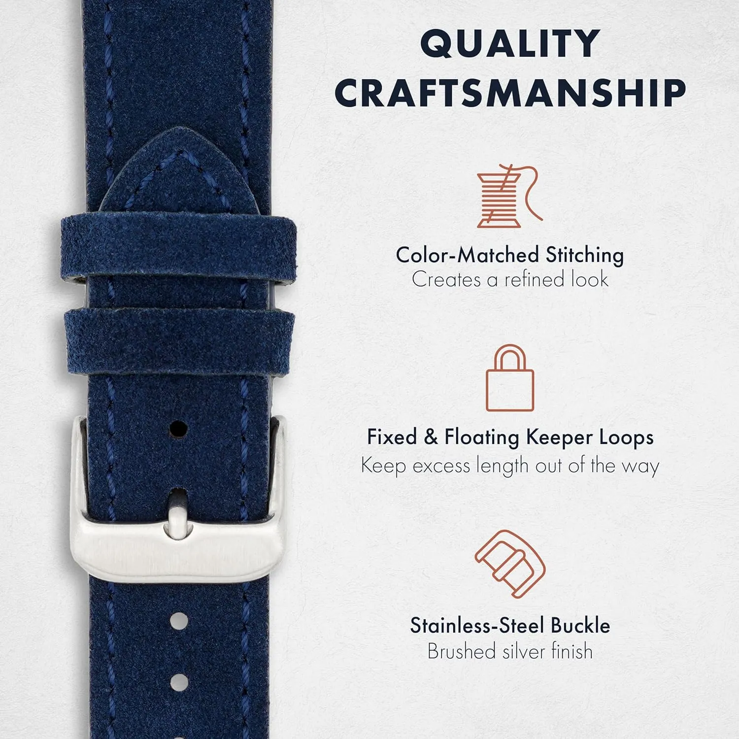 Benchmark Suede Watch Strap - Rustic Suede Leather Watch Band with Quick Release Spring Bars - Choice of Color & Width - 18mm, 20mm or 22mm