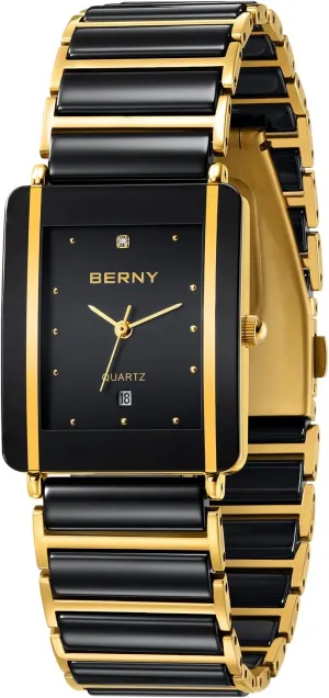 BERNY Mens Quartz Watches Ceramic Bands Watch for Men Rectangular Wristwatch Valentines Gift for Men Lovers