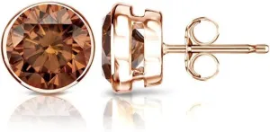 Beryl Crafts 7 MM Round Cut Brown Diamond 4-Prong Bezel Set Push Back Stud Earring 14K Rose Gold Plated For Women's