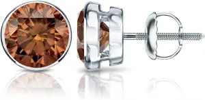 Beryl Crafts 7MM Round Cut Brown Diamond 4-Prong Bezel Set Screw Back Stud Earring 14K White Gold Plated For Women's
