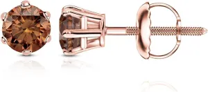Beryl Crafts 8MM Round Cut Brown Diamond 6-Prong Push Back Stud Earring 14K Rose Gold Plated For Women's