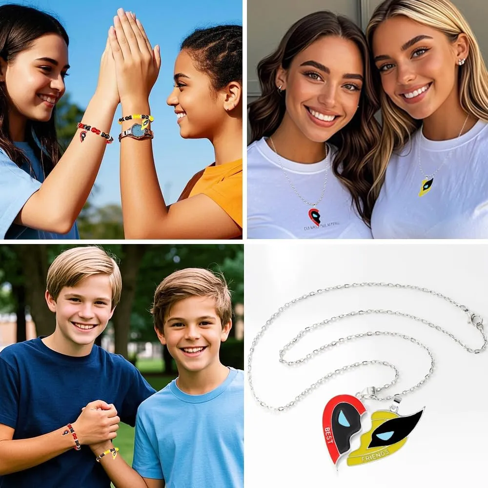 Best Friends Necklace For 2 Bff Matching Heart Puzzle Pendant Silver Stainless Steel Chain Superhero Friendship Necklace Bracelet Key Chain Set Jewelry