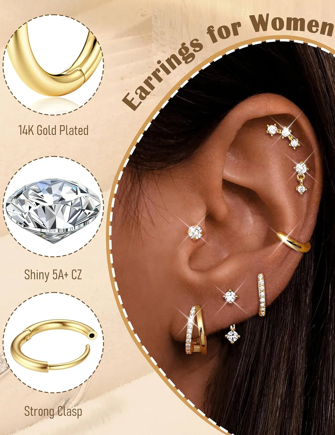 BESTEEL Small Stud Hoop Earrings for Women - 7 Pairs Hypoallergenic 14K Gold Plated Huggie Earring Sets for Multiple Piercing Dainty Earring Stacks Cute Silver Cartilage Jewelry Trendy Gifts
