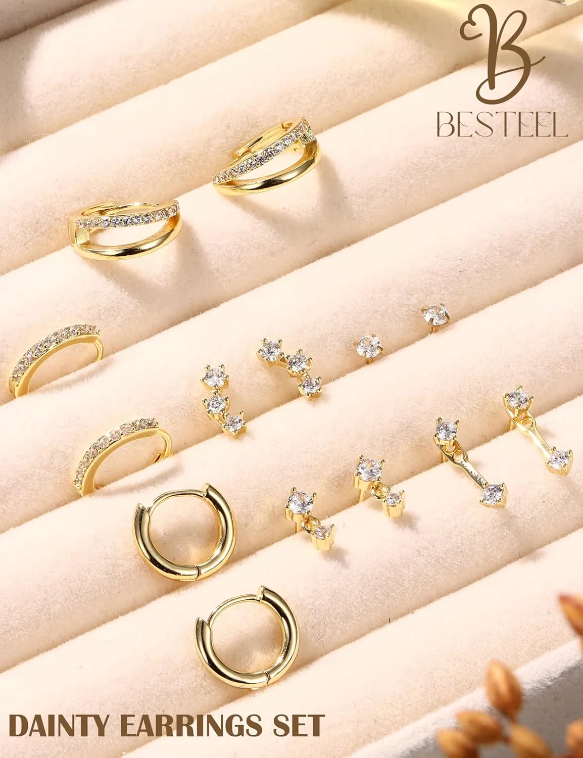 BESTEEL Small Stud Hoop Earrings for Women - 7 Pairs Hypoallergenic 14K Gold Plated Huggie Earring Sets for Multiple Piercing Dainty Earring Stacks Cute Silver Cartilage Jewelry Trendy Gifts