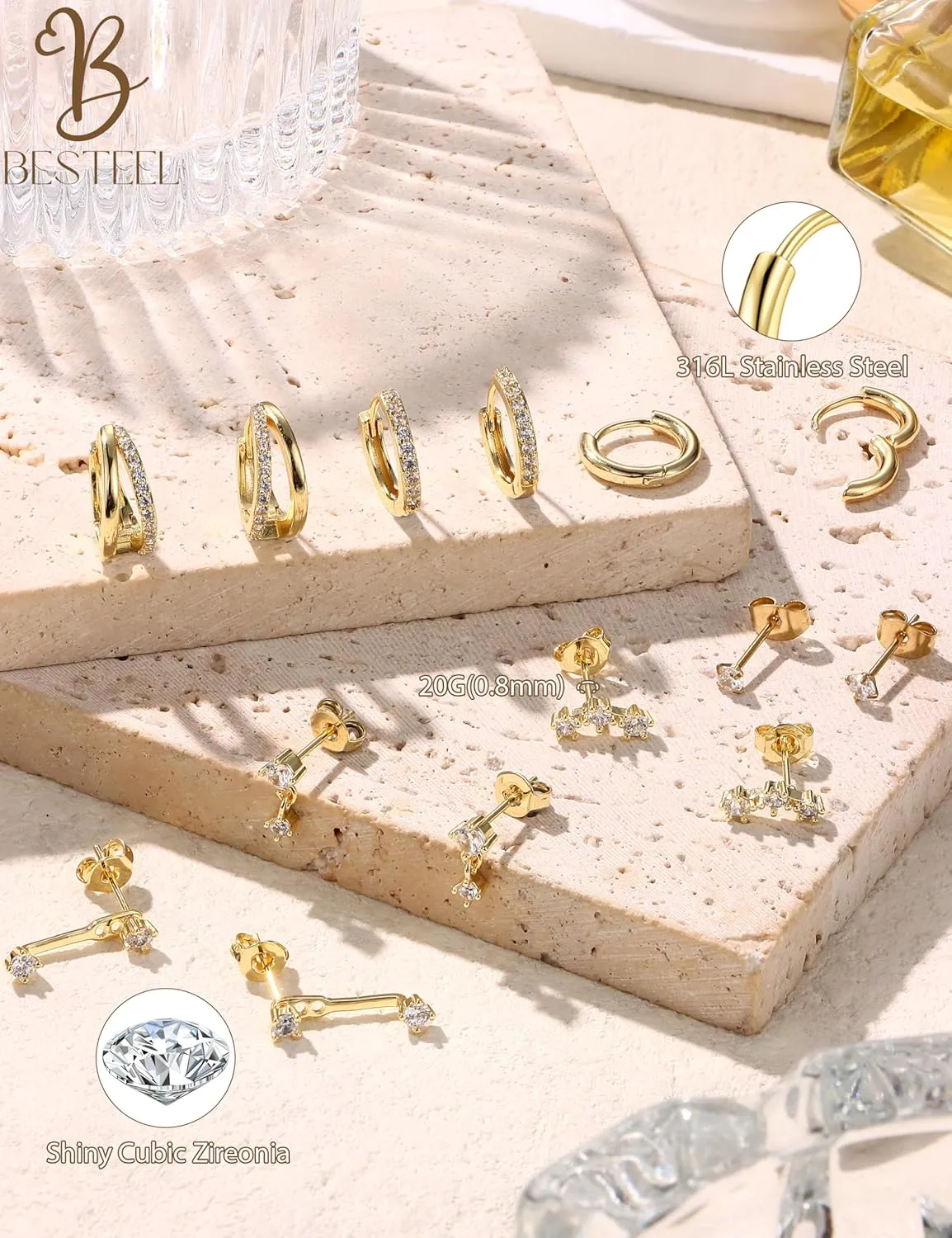 BESTEEL Small Stud Hoop Earrings for Women - 7 Pairs Hypoallergenic 14K Gold Plated Huggie Earring Sets for Multiple Piercing Dainty Earring Stacks Cute Silver Cartilage Jewelry Trendy Gifts