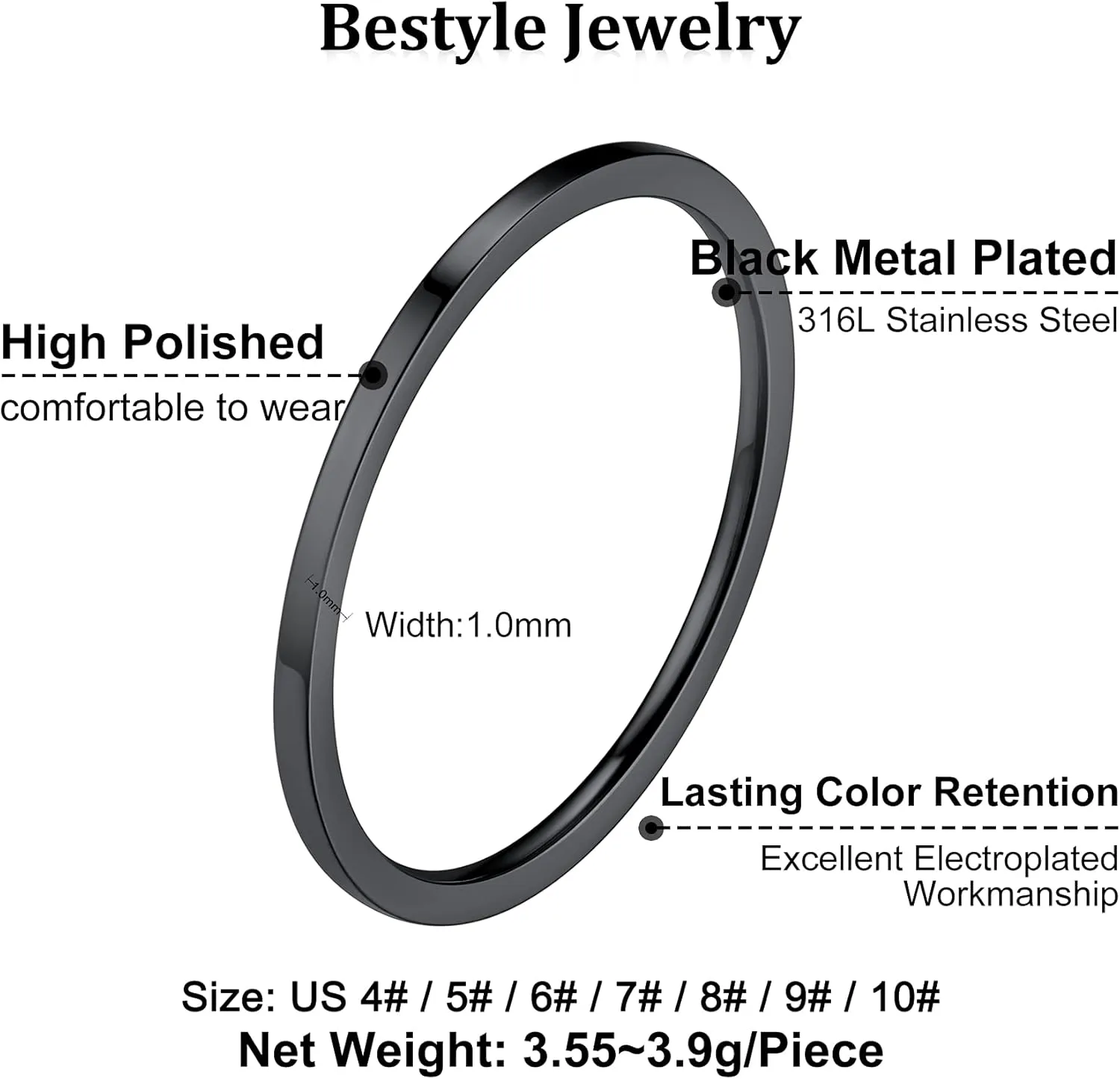 Bestyle Knuckle Stacking Rings for Women, 1mm 3Pcs Size 4/5/6/7/8/9/10 Thin Dome Band Ring Set Stackable Minimalism Jewelry for Girls