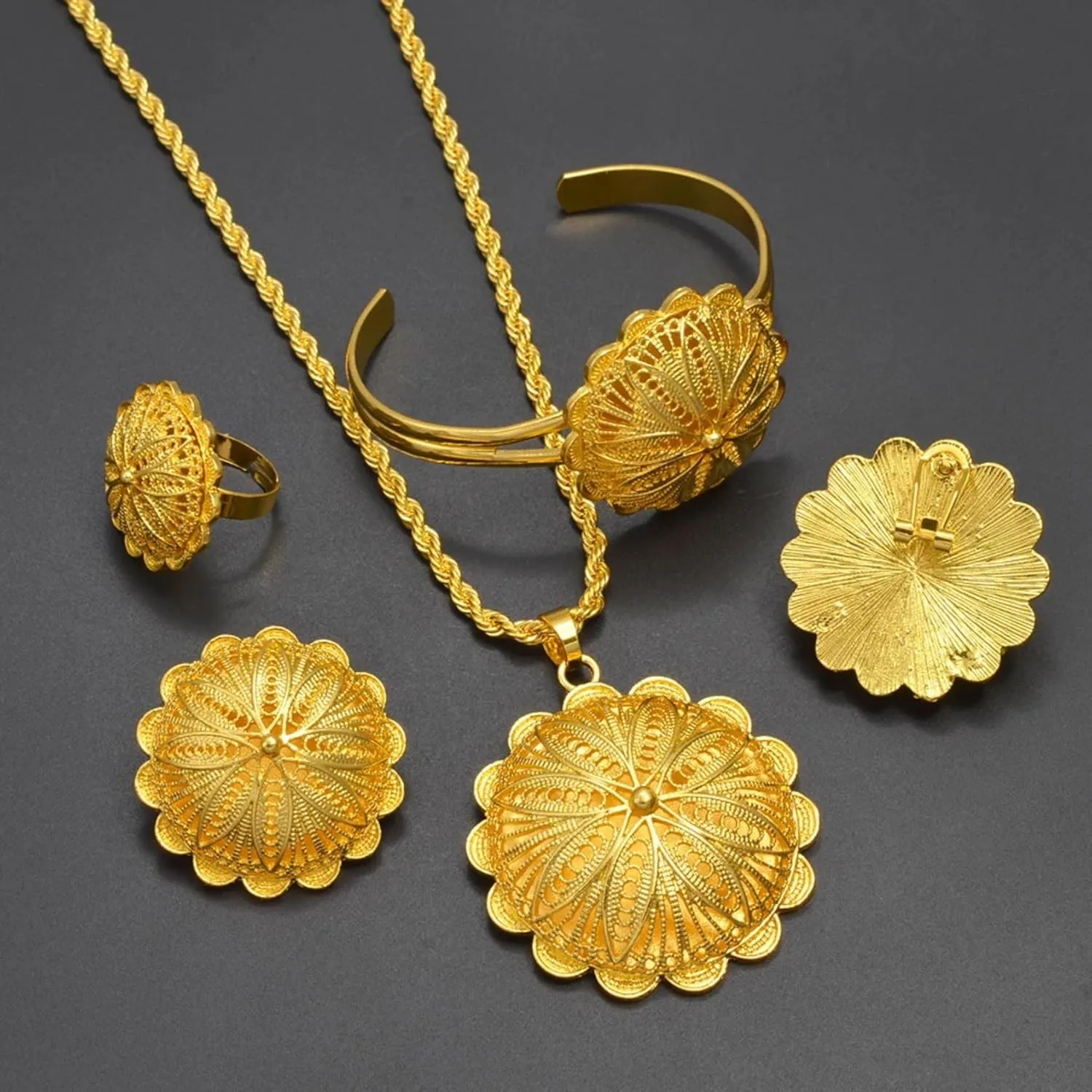 Big Ethiopian Jewelry - Ethiopian Jewelry for Women Set - Big Pendant Necklace Earrings Bracelet Ring African Ethiopian Jewelry Sets Eritrean Traditional Ornaments