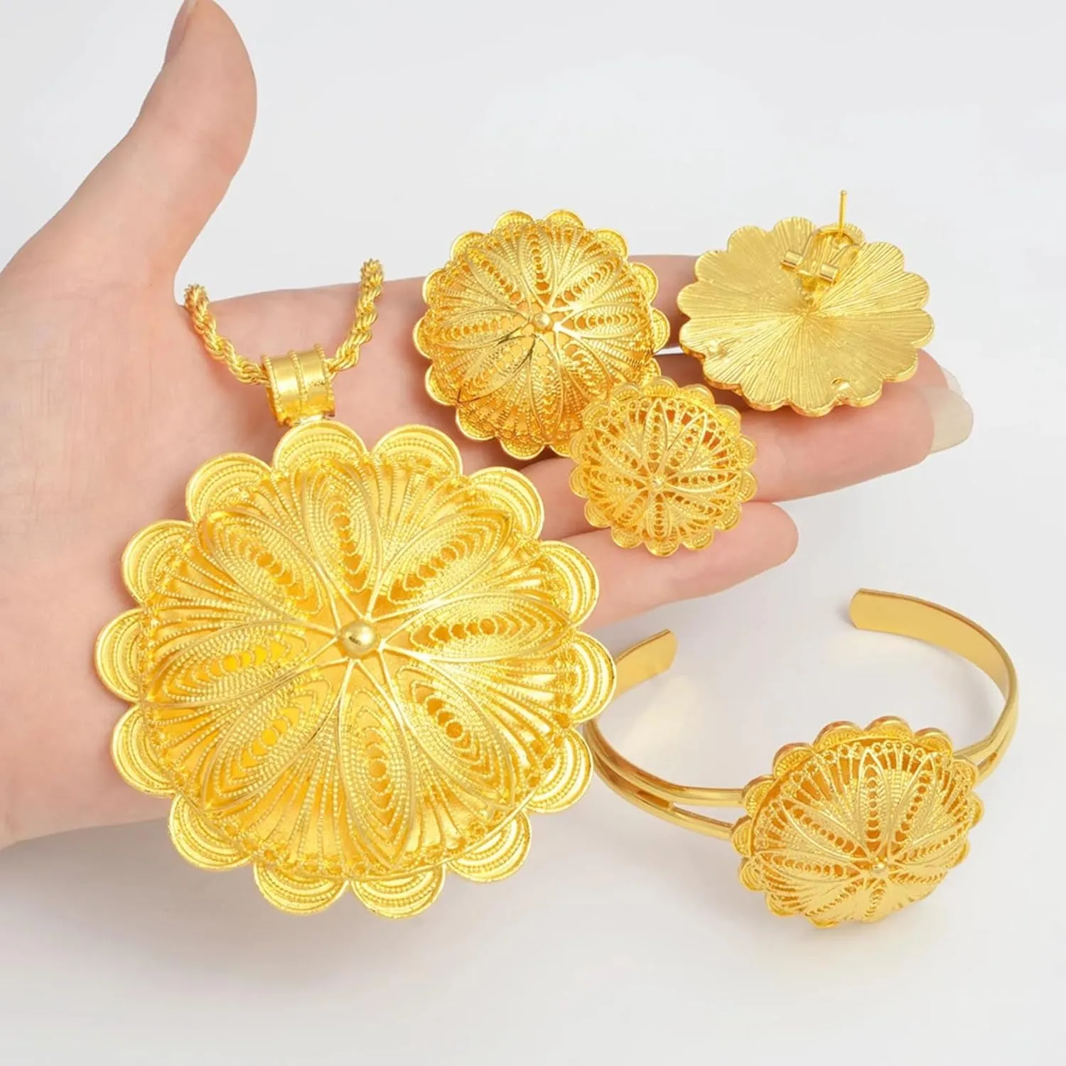 Big Ethiopian Jewelry - Ethiopian Jewelry for Women Set - Big Pendant Necklace Earrings Bracelet Ring African Ethiopian Jewelry Sets Eritrean Traditional Ornaments