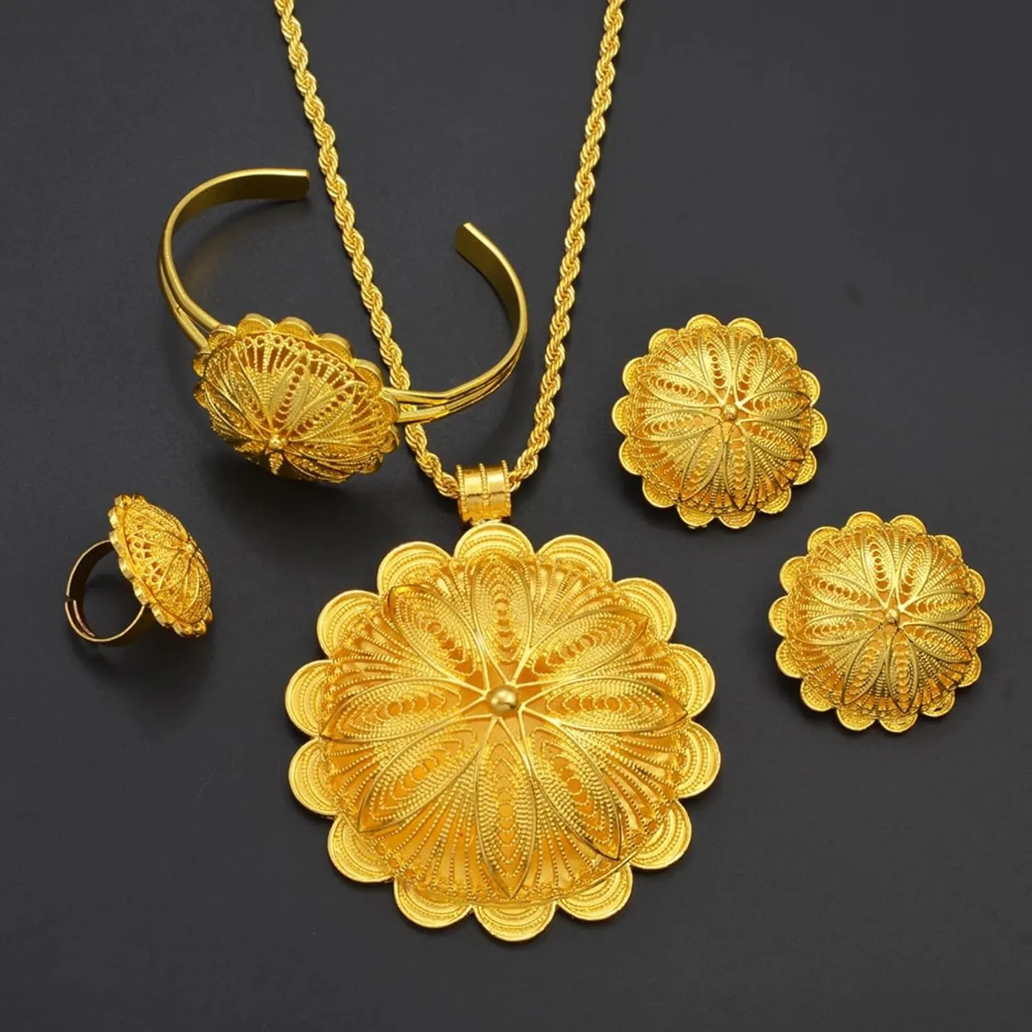 Big Ethiopian Jewelry - Ethiopian Jewelry for Women Set - Big Pendant Necklace Earrings Bracelet Ring African Ethiopian Jewelry Sets Eritrean Traditional Ornaments