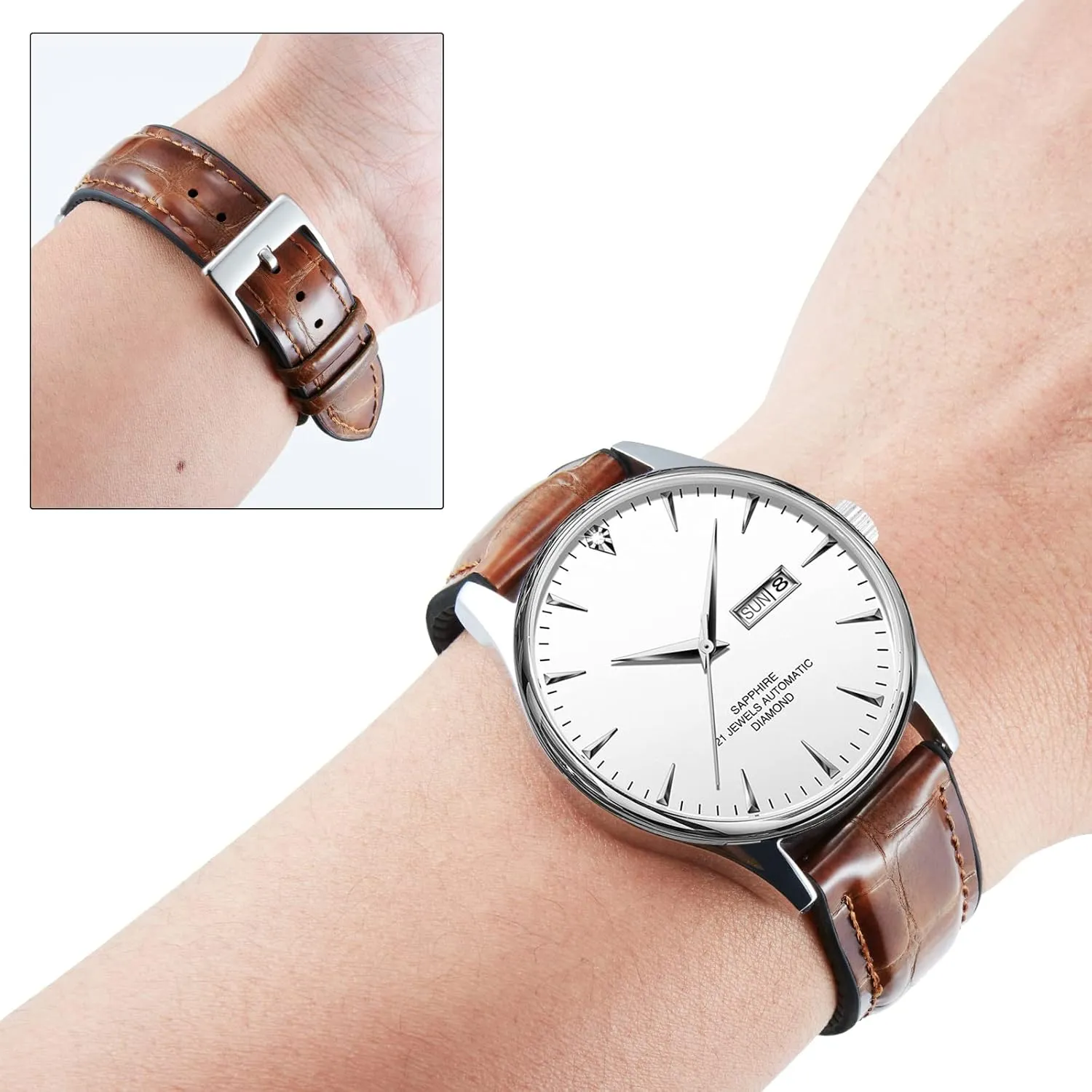 BINLUN Leather Watch Band 14mm 16mm 18mm 19mm 20mm 21mm 22mm Quick Release Premium Alligator Pattern Leather and Breathable Silicone Hybrid Watch Bands Replacement Strap for Men Women