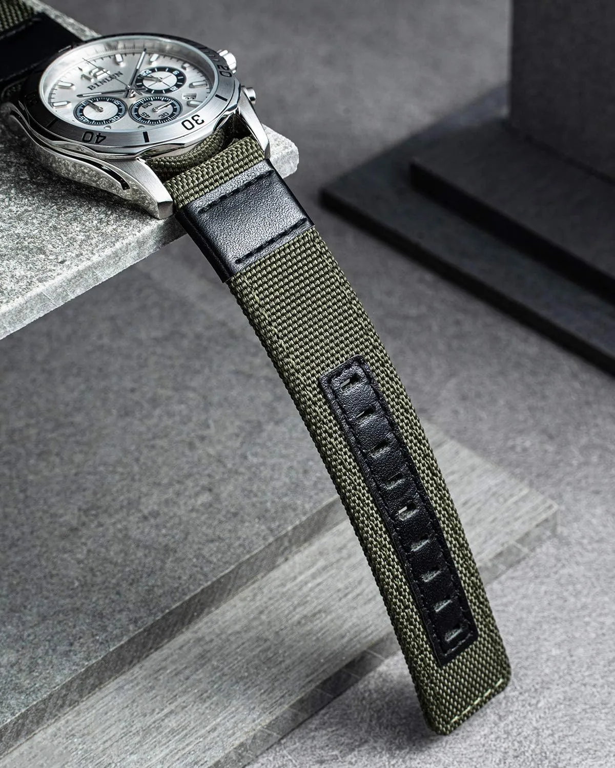 BINLUN Watch Bands Classic Canvas Fabric with Genuine Leather Hybrid Watch Straps Replacement Wristband with Black buckle in 4 sizes(18/20/22/24mm) 6 Colors (Brown Green Black Blue Khaki Red Grey)