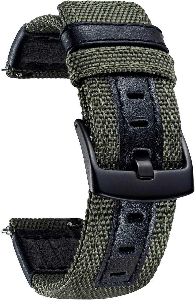 BINLUN Watch Bands Classic Canvas Fabric with Genuine Leather Hybrid Watch Straps Replacement Wristband with Black buckle in 4 sizes(18/20/22/24mm) 6 Colors (Brown Green Black Blue Khaki Red Grey)
