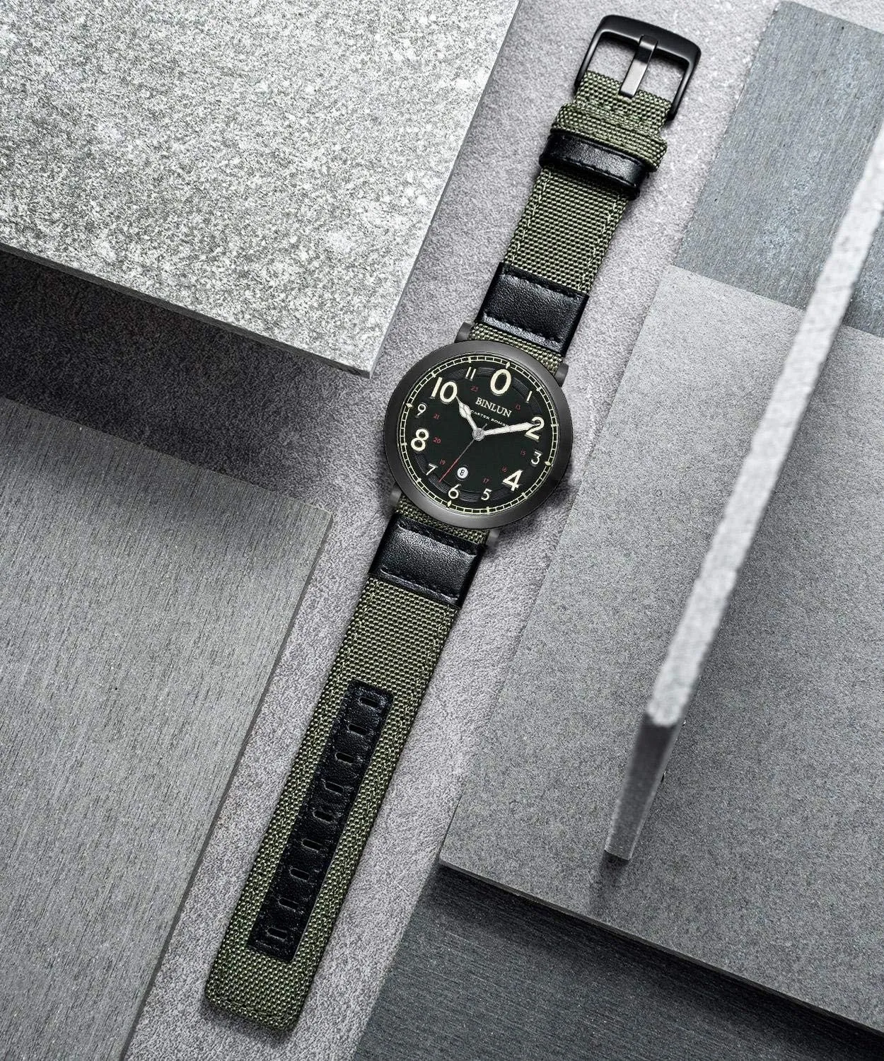 BINLUN Watch Bands Classic Canvas Fabric with Genuine Leather Hybrid Watch Straps Replacement Wristband with Black buckle in 4 sizes(18/20/22/24mm) 6 Colors (Brown Green Black Blue Khaki Red Grey)