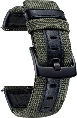 BINLUN Watch Bands Classic Canvas Fabric with Genuine Leather Hybrid Watch Straps Replacement Wristband with Black buckle in 4 sizes(18/20/22/24mm) 6 Colors (Brown Green Black Blue Khaki Red Grey)