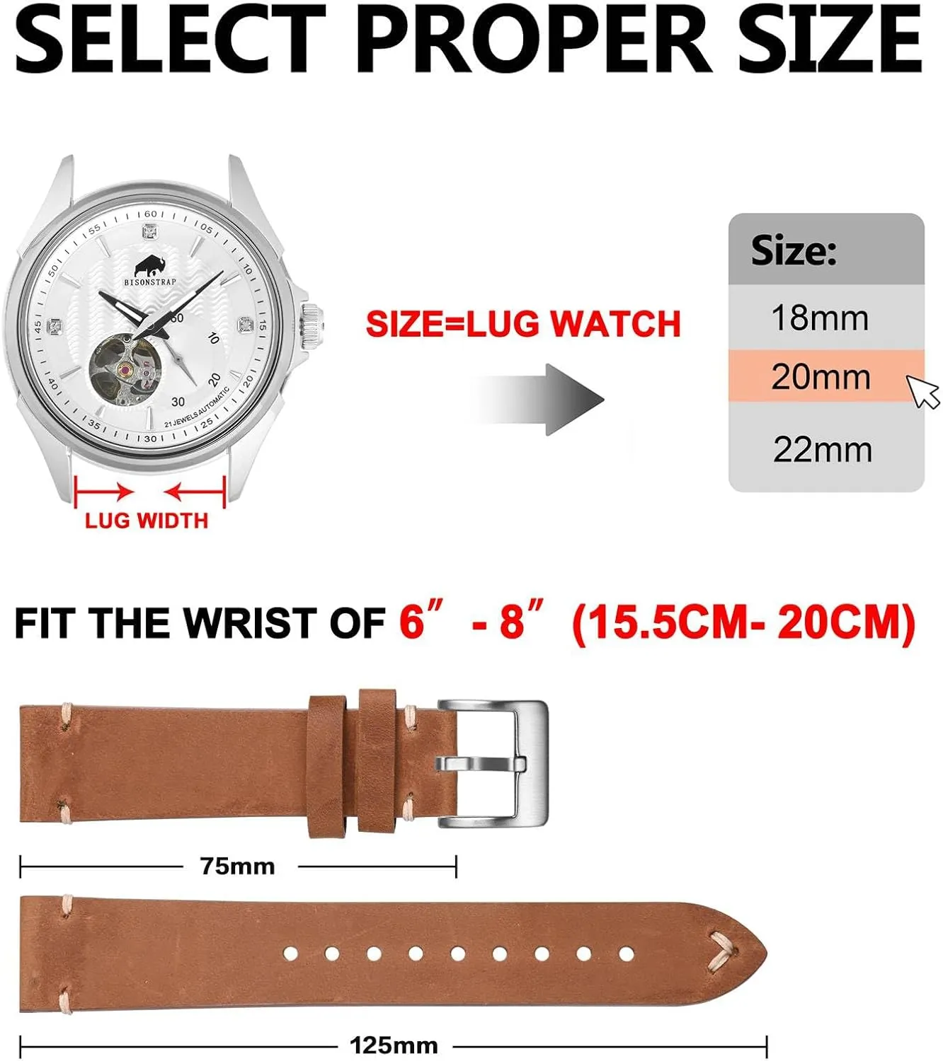 BISONSTRAP Distressed Leather Watch Strap, Watch Replacement Bands for Men, Quick Release Spring Bars, Band Width 18mm 20mm 22mm