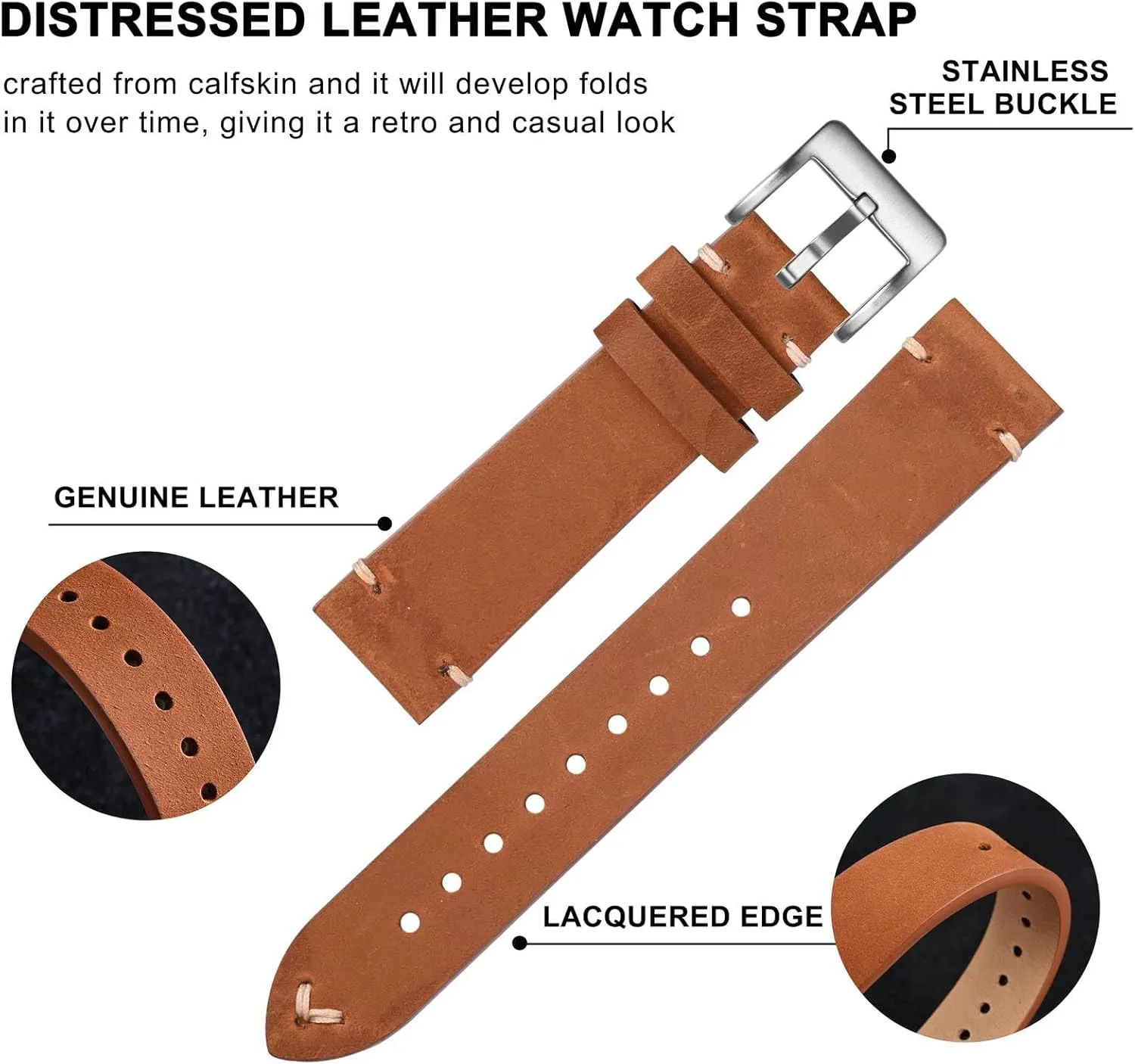 BISONSTRAP Distressed Leather Watch Strap, Watch Replacement Bands for Men, Quick Release Spring Bars, Band Width 18mm 20mm 22mm