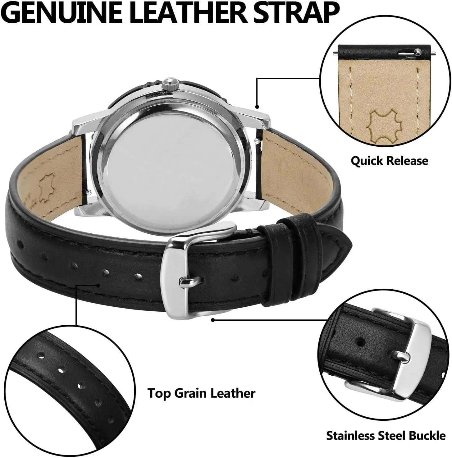 BISONSTRAP Elegant Leather Watch Straps, Quick Release, Watch Bands for Women and Men, 12mm, Black (Silver Buckle)