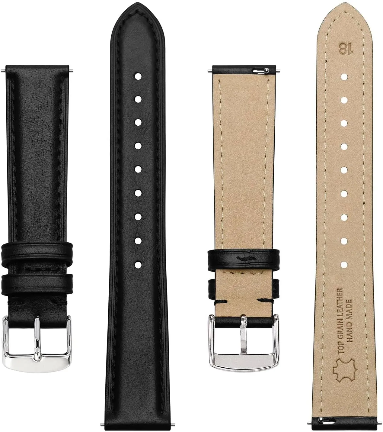 BISONSTRAP Elegant Leather Watch Straps, Quick Release, Watch Bands for Women and Men, 12mm, Black (Silver Buckle)