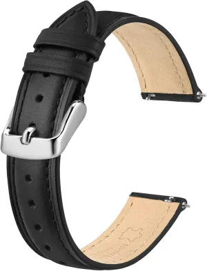 BISONSTRAP Elegant Leather Watch Straps, Quick Release, Watch Bands for Women and Men, 12mm, Black (Silver Buckle)