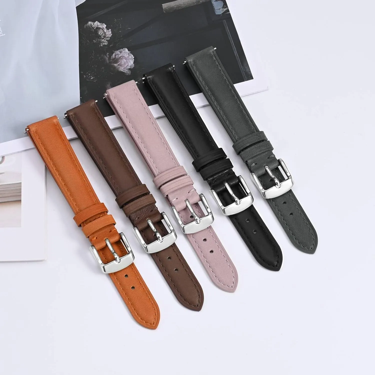 BISONSTRAP Elegant Leather Watch Straps, Quick Release, Watch Bands for Women and Men, 12mm, Black (Silver Buckle)