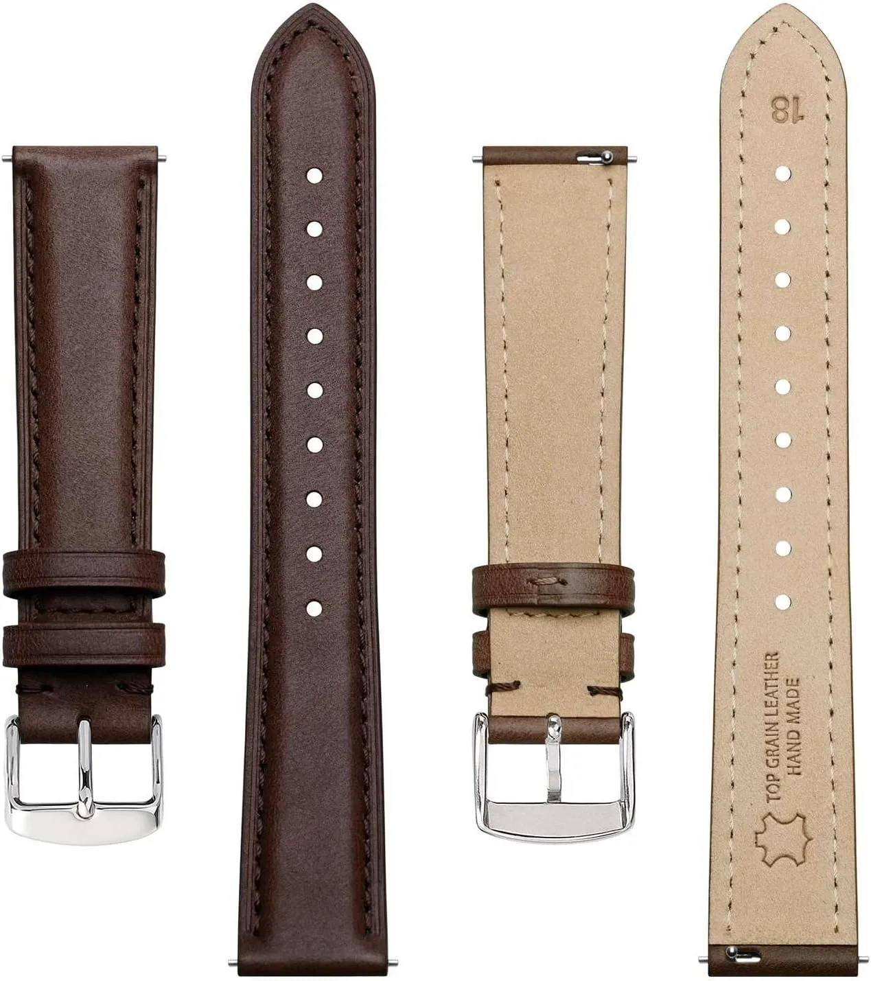 BISONSTRAP Elegant Leather Watch Straps, Quick Release, Watch Bands for Women and Men, 14mm, Dark Brown (Silver Buckle)