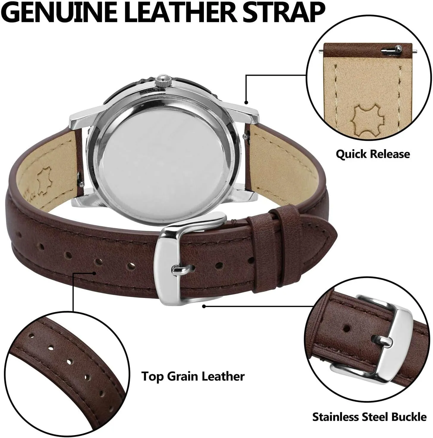 BISONSTRAP Elegant Leather Watch Straps, Quick Release, Watch Bands for Women and Men, 14mm, Dark Brown (Silver Buckle)