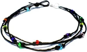 Black Anklet Hemp Three String Multicolor Glass Beaded Anklet - Handmade