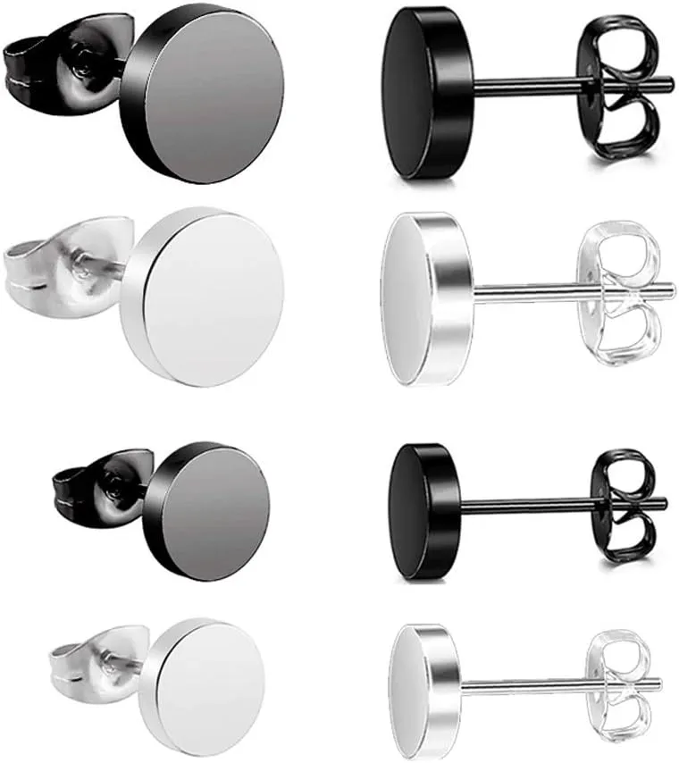 Black Earrings Hypoallergenic Stainless Steel Ear Studs Black and Silver Set for Men Women 6mm 8mm