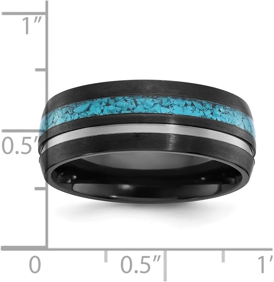 Black Zirconium Brushed and Polished with Imitation Turquoise Inlay 8mm Band Size 8 to 13