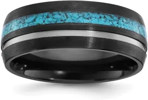Black Zirconium Brushed and Polished with Imitation Turquoise Inlay 8mm Band Size 8 to 13