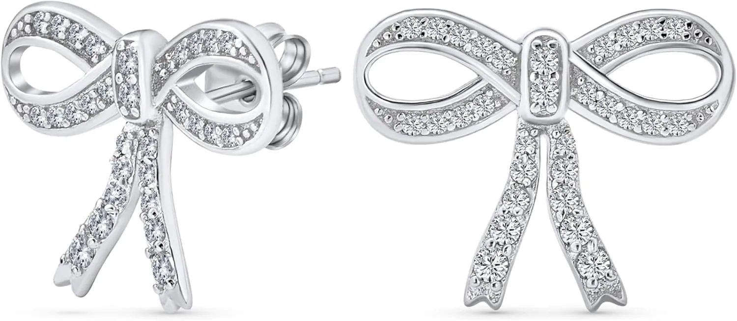 Bling Jewelry Dainty Romantic Bridal Wedding Clear Cubic Zirconia Pave CZ Station Holiday Present Ribbon Bow Pendant Necklace For Women Teen .925 Sterling Silver