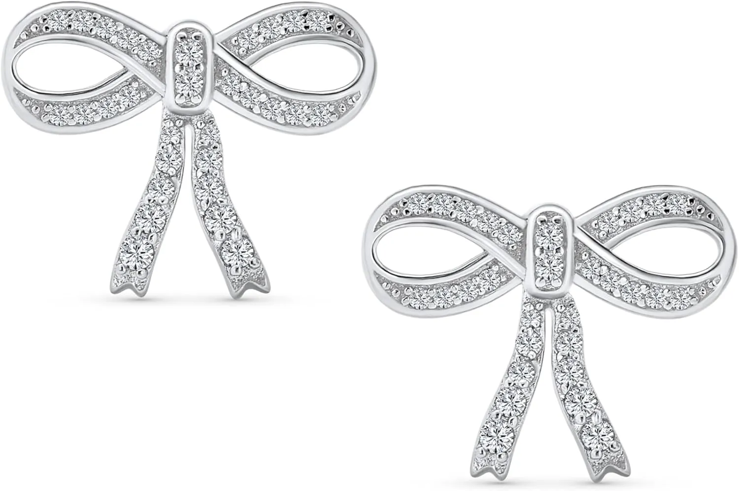 Bling Jewelry Dainty Romantic Bridal Wedding Clear Cubic Zirconia Pave CZ Station Holiday Present Ribbon Bow Pendant Necklace For Women Teen .925 Sterling Silver