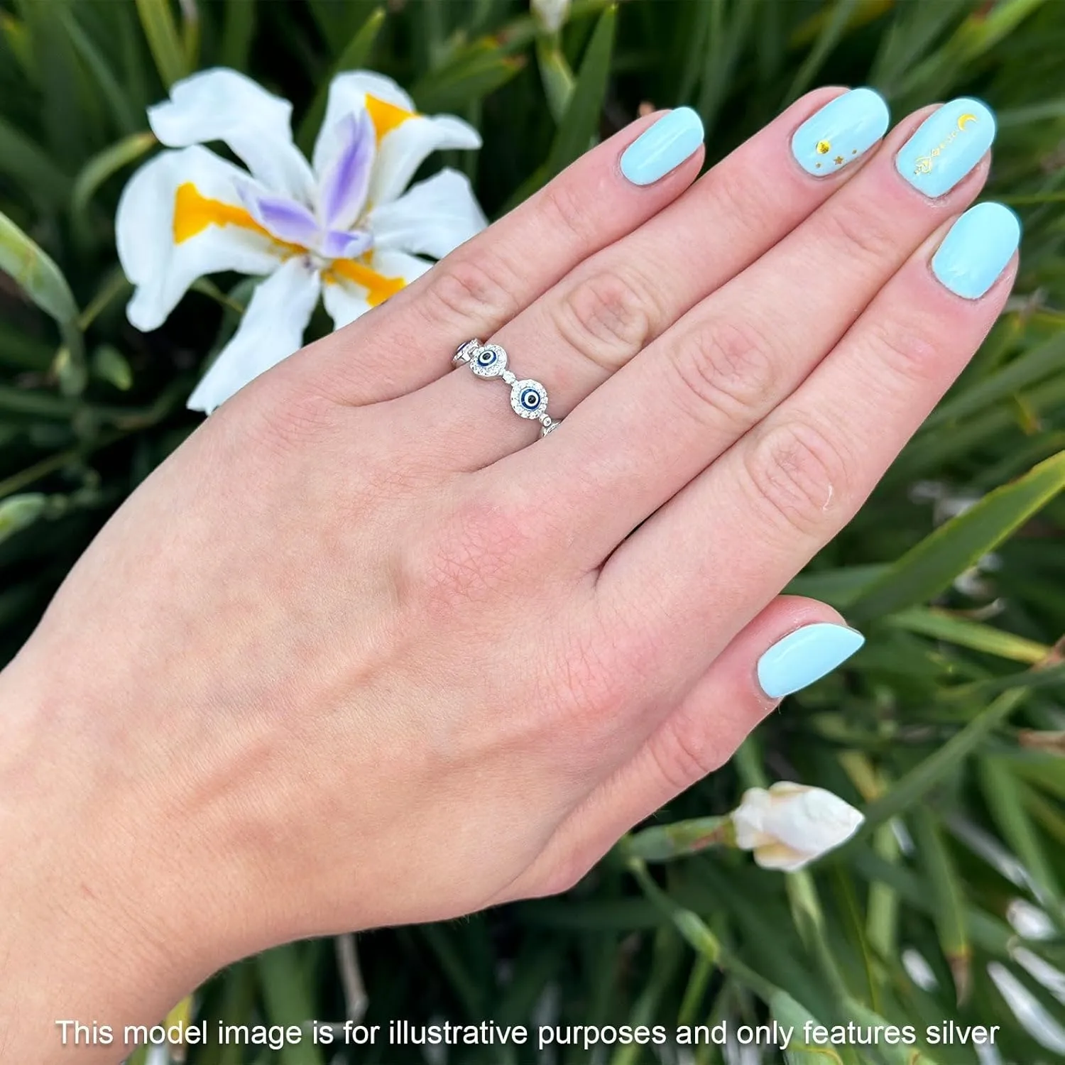 Blue Apple Co. Good Luck 5.4mm Evil Eye Rings Round Cubic Zirconia Halo Vintage Style Protective Full Eternity Wedding Bands For Women 925 Sterling Silver Gifts For Her
