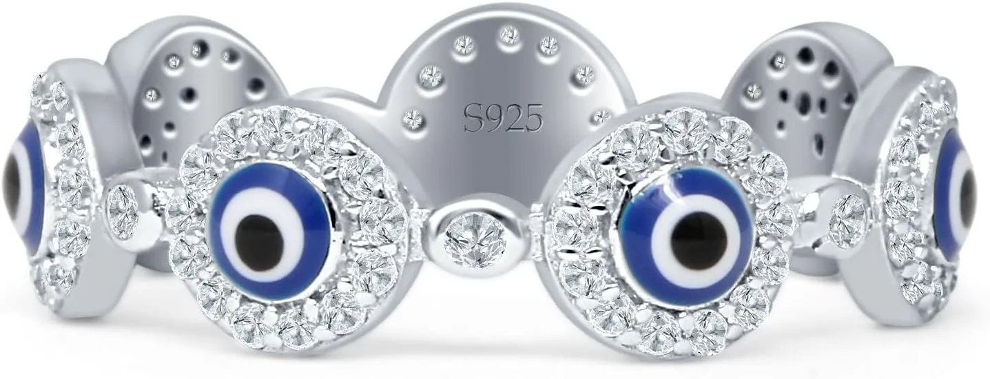 Blue Apple Co. Good Luck 5.4mm Evil Eye Rings Round Cubic Zirconia Halo Vintage Style Protective Full Eternity Wedding Bands For Women 925 Sterling Silver Gifts For Her
