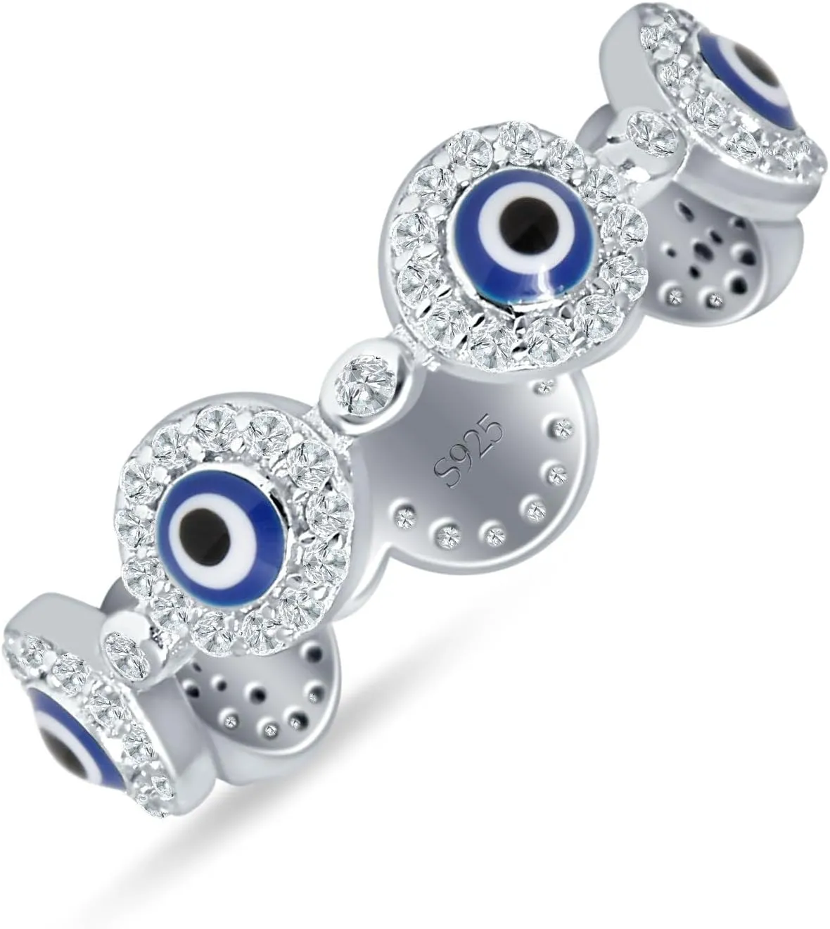 Blue Apple Co. Good Luck 5.4mm Evil Eye Rings Round Cubic Zirconia Halo Vintage Style Protective Full Eternity Wedding Bands For Women 925 Sterling Silver Gifts For Her