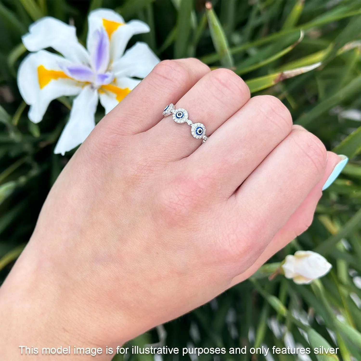 Blue Apple Co. Good Luck 5.4mm Evil Eye Rings Round Cubic Zirconia Halo Vintage Style Protective Full Eternity Wedding Bands For Women 925 Sterling Silver Gifts For Her