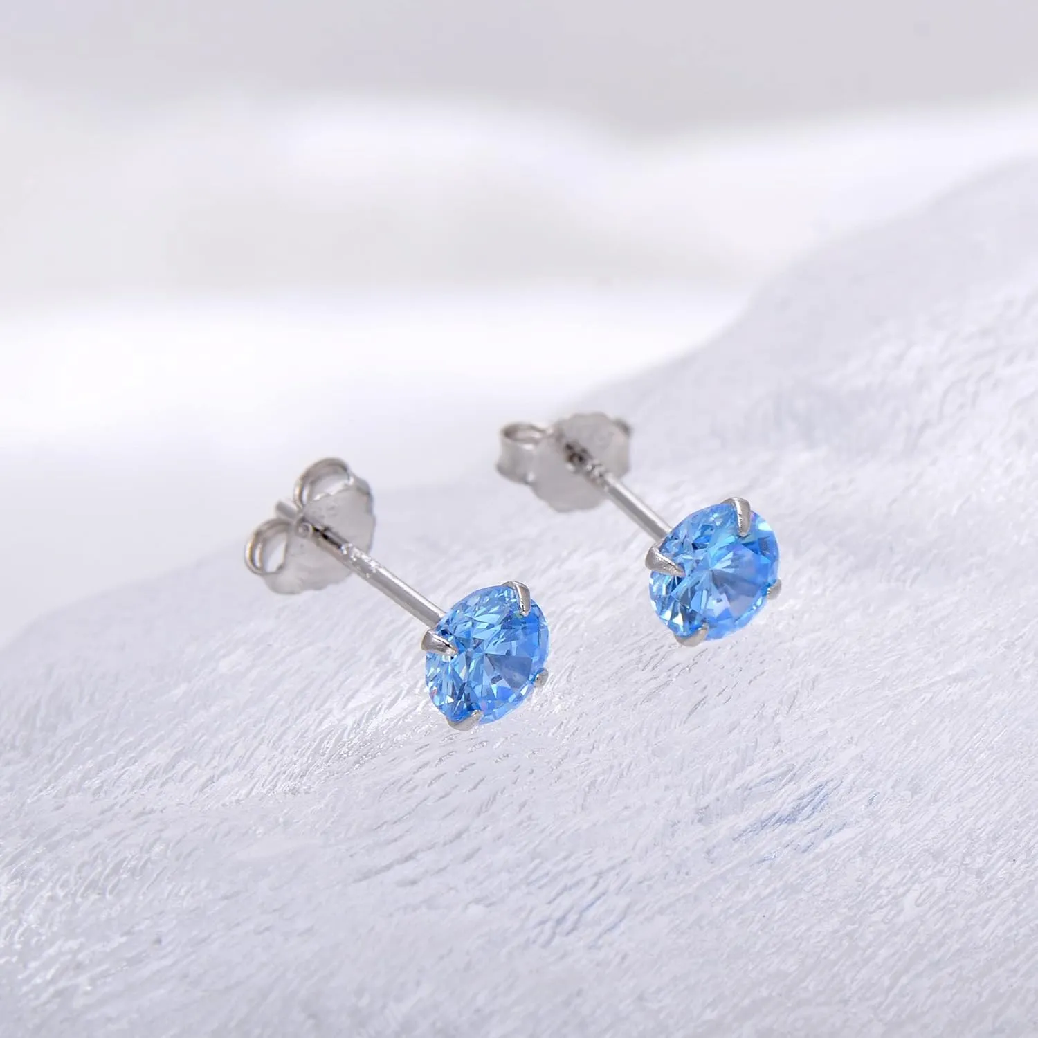Blue Cubic Zirconia Stud Earrings for Women, 3 mm Sterling Silver Jewelry