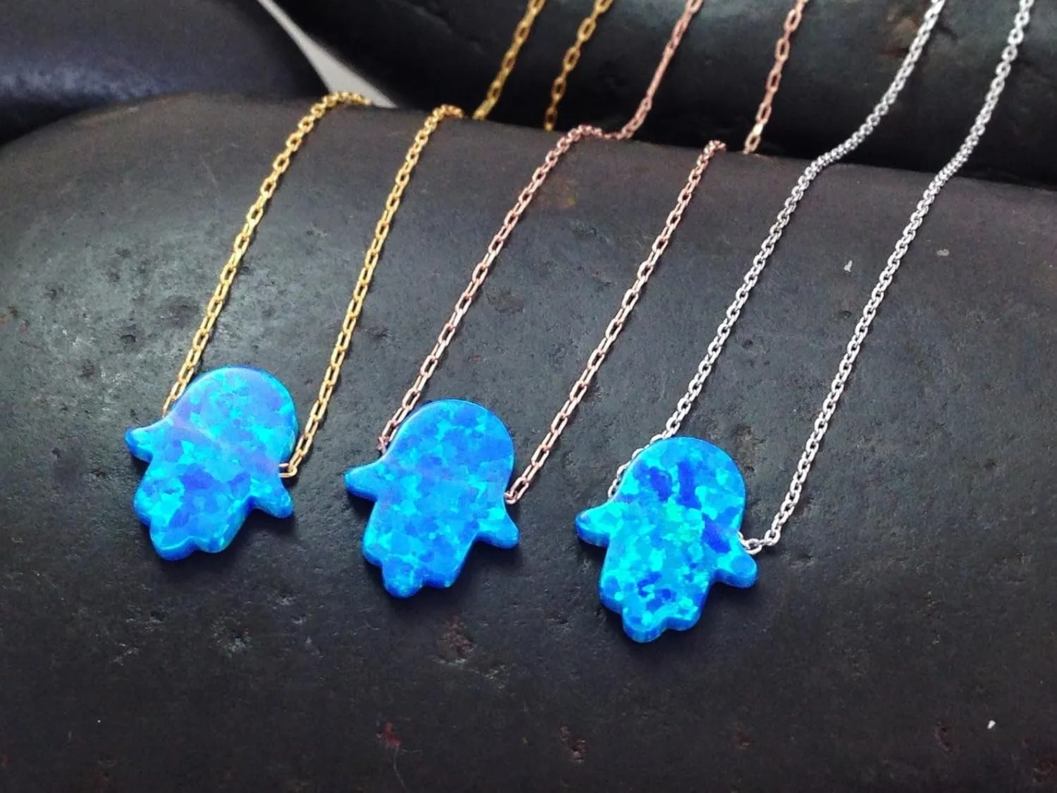 Blue Opal Hamsa Hand Necklace  Dainty Gold or Silver Chain  Spiritual Boho Jewelry  Always carry the Protection - Perfect gift for Mother's Day or Graduation