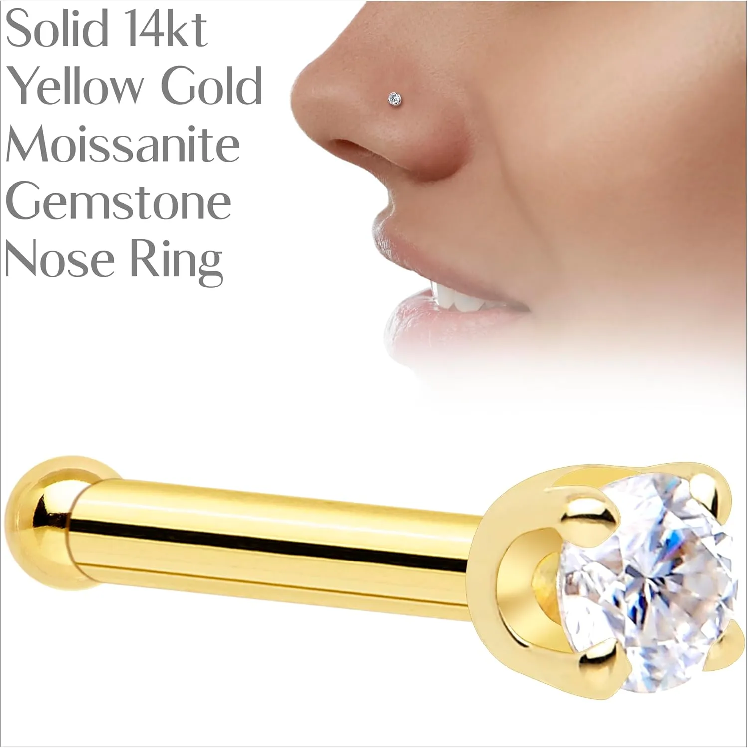 Body Candy 14k Solid Gold Nose Ring Stud - 2mm Moissanite Bone 18/20 Gauge Piercing Jewelry for Women, Men